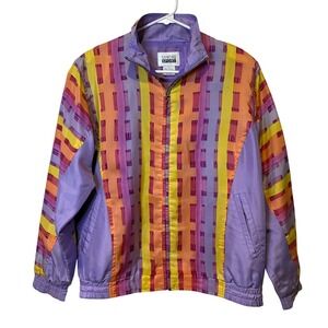 Vtg Sheri Sport Silk Colorblock Geometric Striped Bomber Jacket Zip Up 80s 90s
